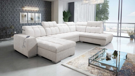 Ecksofa mit Schlaffunktion Luigi VI hellbeige linke Seite stilvolles Ecksofa mit Bettzeugcontainer mit weichem Stoff bezogen