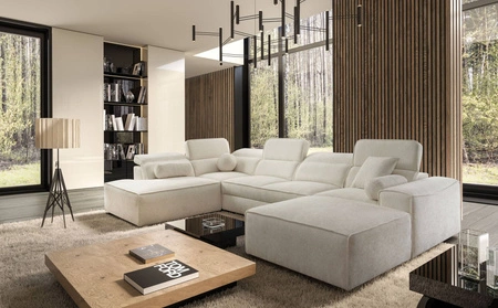 Ecksofa mit Schlaffunktion Viano VI cremefarben rechts Designer-Ecksofa für moderne Einrichtungen zwei Container für Bettzeug