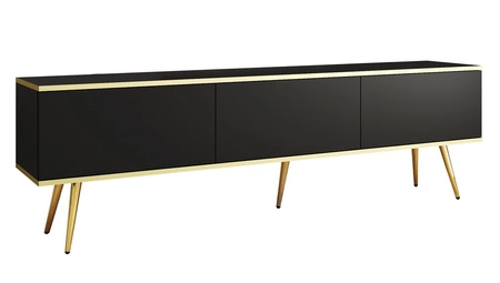 TV-Schrank Luxury 175 cm schwarzer eleganter Designkorpus mit goldener Zierleiste Schrank auf goldenen Metallbeinen