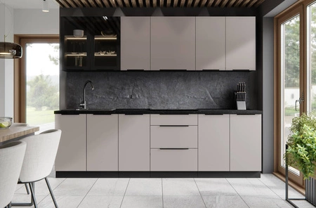 Tarraco 260 cm Küchenmöbel Set Metallkanten Griffe Schränke sehen toll aus in modernen Interieurs