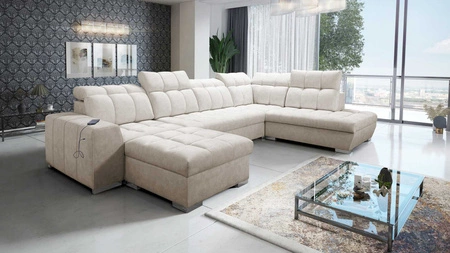 Ecksofa mit Schlaffunktion Luigi VI beige linke Seite stilvolles Ecksofa mit Bettzeugcontainer mit weichem Stoff bezogen