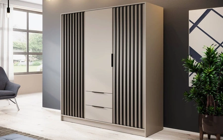 Kleiderschrank Aspen 155 cm Beige / Schwarze Lamellen modernes Design Schranktüren mit dekorativen Lamellen