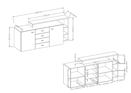 Schubladenkommode Bota 180 cm anthrazit / Eiche ribbec asymmetrische Form ideal für modernen Stil Innenräume resistent gegen Schäden
