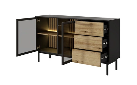 Kommode Clovis 150 cm schwarz / Eiche evoke einzigartiges Möbeldesign verglaste Fronten dekorative Leisten auf der Innenseite der Kommode