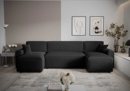 Ecksofa mit Schlaffunktion Brandon U Bis schwarzer Bettkasten dreidimensionaler Stoff mit ausdrucksvollen Streifen weiche Armlehnen