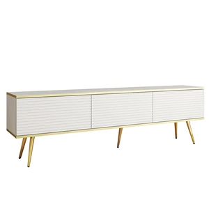 TV-Schrank Luxury 175 cm weiß elegantes Design stilvolle geriffelte Front Korpus mit goldenen Zierleisten goldenen Metallbeinen gekrönt