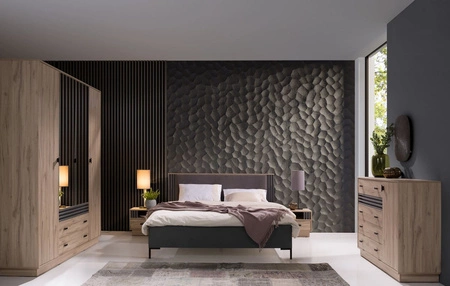 Möbelset für Schlafzimmer Estan Eiche hell / anthrazit Zeitloses Design Schlafzimmermöbel-Set geräumiger Schiebeschrank mit Spiegel