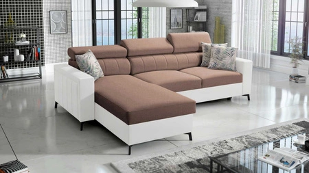 Ecksofa mit Schlaffunktion Savona hellbraun/weiß links elegantes Ecksofa mit verstellbaren Kopfstützen Ziernähte 