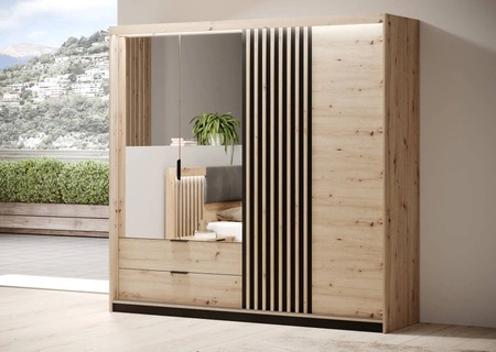 Spiegelschrank Tipler 220 cm Eiche artisan / anthrazit modernes Design dekorative Leisten an Schranktüren Kantengriffe