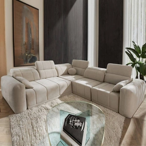 Ecksofa mit Schlaffunktion Cetara III beige rechtsseitiges ergonomisches Ecksofa mit verschiebbarer Rückenlehne und verstellbaren Kopfstützen