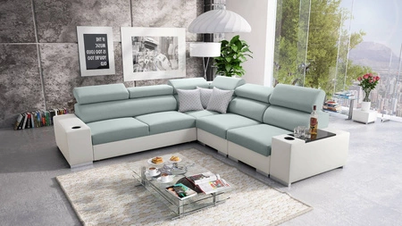 Ecksofa mit Schlaffunktion Provo III arktikblau/weiß rechtes Ecksofa mit Bettzeugablage und verstellbaren Kopfstützen