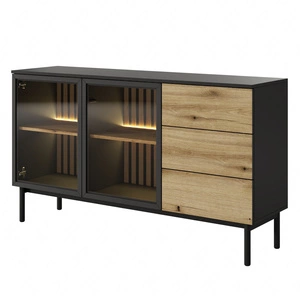 Kommode Clovis 150 cm schwarz / Eiche evoke einzigartiges Möbeldesign verglaste Fronten dekorative Leisten auf der Innenseite der Kommode