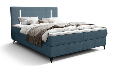 Boxspringbett Norco 180x200 blau stilvolles Bett mit Staukasten Beleuchtung im Kopfteil fügt eine einzigartige Note