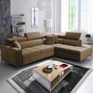 Ecksofa mit Schlaffunktion Nausa III hellbraun rechte Ecke Samt stilvolles bequemes Ecksofa verstellbare Kopfstützen Container für Bettzeug