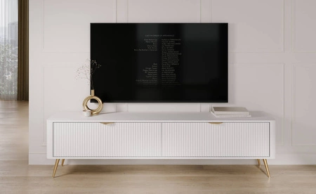 RTV Schrank Lante 200 cm weiß modernes Design Korpus auf hohen Beinen geriffelte Front charakteristische ovale Form