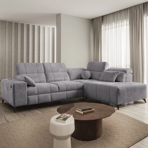 Ecksofa mit Schlaffunktion Penejos VII hellgrau rechte Seite stilvolles Ecksofa mit Bettzeugablage komfortable verstellbare Kopfstützen