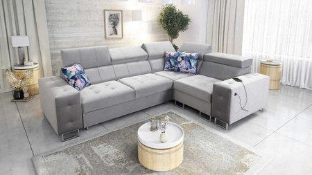 Hampton II Ecksofa mit Schlaffunktion grau Esche rechts stilvolles Ecksofa Bett weiche Polsterung Stoffart Samt