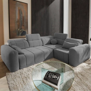 Ecksofa mit Schlaffunktion Cetara II grau rechte Seite stilvolles Design verschiebbare Rückenlehnen verstellbare Kopfstützen und Bettzeugbehälter