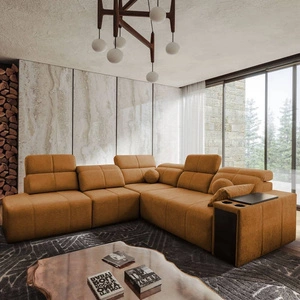 Ecksofa mit Schlaffunktion Tesalia IX Honig links modernes Design komfortable Schiebelehne Schublade in der Seite des Möbels