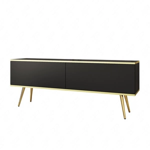 TV-Schrank Luxury 135 cm schwarzer eleganter Designschrank mit goldener Zierleiste Schrank auf goldenen Metallbeinen