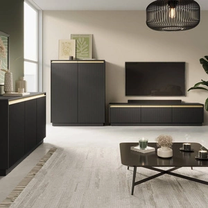 Imperial schwarzes Möbelset stilvolle Schrankwand mit gefrästen Fronten und eleganten Griffen in gebürstetem Gold