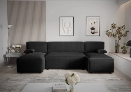 Ecksofa mit Schlaffunktion Brandon U schwarzer Bettzeugcontainer dreidimensionaler Stoff mit ausdrucksstarken Streifen