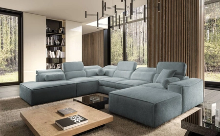 Ecksofa mit Schlaffunktion Viano X grau blau rechts Design Ecksofa für Wohnzimmer im modernen Stil verstellbare Kopfstützen