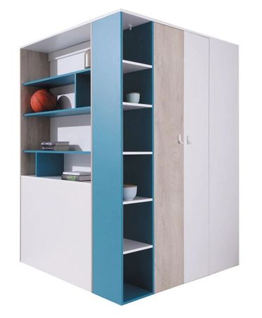 Eck-Kleiderschrank Niko weiß / Eiche / marine ideal als Nutz- und geräumiger Kleiderschrank mit Schubladen und Einlegeböden