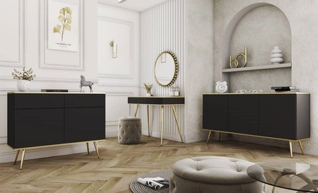 Kommode Luxury 160 cm schwarzer eleganter Design-Korpus mit goldener Zierleiste Kommode auf goldfarbenen Metallbeinen