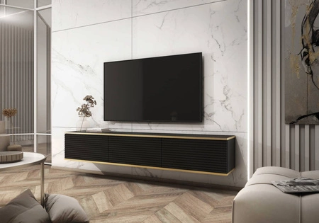 TV-Lowboard Luxury 175 cm Schwarz Begeistert Liebhaber eleganter Arrangements stilvolle geriffelte Front Korpus verziert mit einer goldenen Leiste