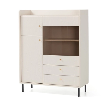 Kommode Ferdi 104 cm beige sand minimalistisches Design hohe Kommode ideal für Esszimmer teilweise verglaste Front
