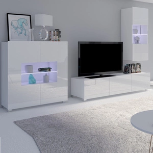 Apulia VII Schrankwand in weißem Glanz Eine besonders stilvolle Schrankwand mit schlichten Möbelstücken, die sich in jede Einrichtung einfügt