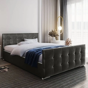 Verlan 140x200 grau gepolstertes Bett mit Staukasten im modernen skandinavischen Stil mit gestepptem Kopf- und Fußteil