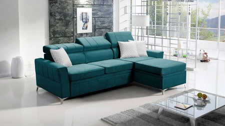 Ecksofa mit Schlaffunktion Rava azurblauer rechtsseitiger Samt komfortables und funktionelles Ecksofa mit verstellbaren Kopfstützen
