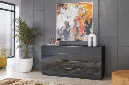 Kommode Helio 160 cm schwarz / schwarzes Glas modernistisches Design und moderne Form der Möbel optisch vergrößert den Innenraum