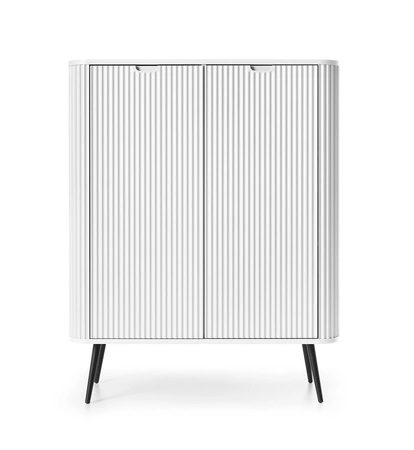 Zoya 103 cm Kommode weiß elegantes Design ovale Form auf schwarzen Metallbeinen geschmackvolle geriffelte Front gesetzt