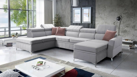 Ecksofa mit Schlaffunktion Rava VI graue Esche rechte Ecke Praktisches und modernes Ecksofa, ausgestattet mit einer Multifunktionslampe