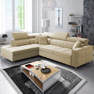 Ecksofa mit Schlaffunktion Nausa III beige linksseitig Samt stilvolles bequemes Ecksofa verstellbare Kopfstützen Bettzeug Container
