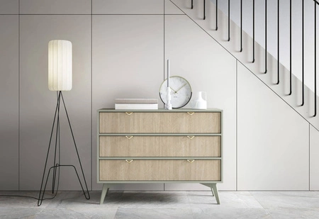 Kommode Wald 106 cm Eukalyptus / beige Fischgrät geschmackvolles Fischgrätdekor auf Fronten geräumige Kommode im skandinavischen Stil