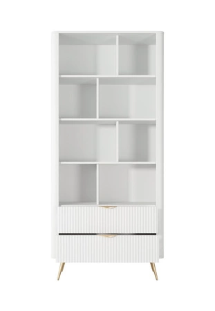 Bücherregal Lante 88 cm weiß elegantes Bücherregal mit Schubladen Designer Riffelung auf Fronten Metallkantengriffe