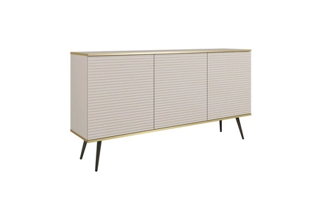Kommode Luxury 160 cm beige elegantes Design stilvolle geriffelte Fronten Kommode Körper mit goldenen Streifen schwarze Metallbeine gekrönt