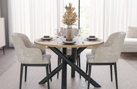 Runder Tisch Lyon 110 cm Eiche artisan / schwarzer Designer-Esstisch auf Metallspinnenbeinen höhenverstellbar