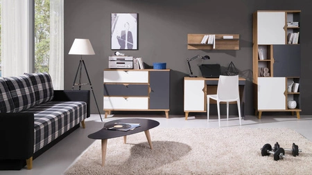 Bücherregal mit Türen Memone 80 cm goldene Eiche / weiß / graphit ideales Bücherregal für Jugend- oder Kinderzimmer im skandinavischen Stil