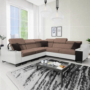 Ecksofa mit Schlaffunktion Alcamo III hellbraun / weiß links Funktions-Ecksofa mit einer Schublade in der Seite zwei Behälter für Bettzeug