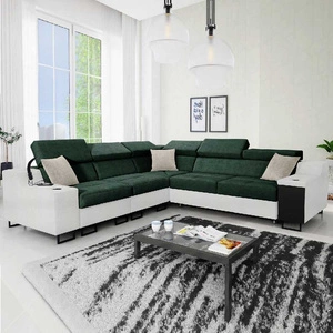 Ecksofa mit Schlaffunktion Alcamo III grün / weiß links Funktions-Ecksofa mit einer Schublade in der Seite zwei Behälter für Bettzeug