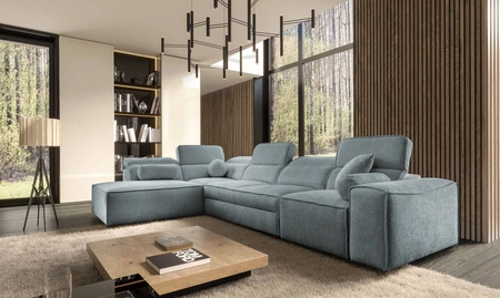 Ecksofa mit Schlaffunktion Viano XI grau blau linksdrehend modisches und stilvolles Ecksofa mit verstellbaren Kopfstützen Zierkissen