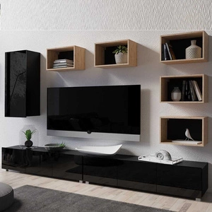 Apulia XXXVII schwarz glänzend / Eiche artisan Eine außergewöhnlich stilvolle Schrankwand mit schlichten Möbelstücken, die sich in jede Einrichtung einfügt