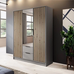 Schrank mit Spiegel Aspen 155 cm Grau / Eiche Artisan Lamellen modernes Design Schranktüren mit dekorativen Lamellen