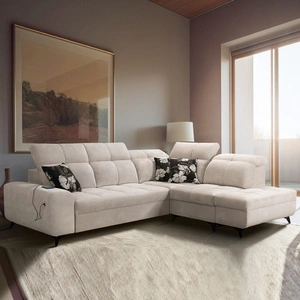 Ecksofa mit Schlaffunktion Buffalo VII beige rechtsseitig stilvolles Ecksofa mit Bettzeugcontainer Velourstoff