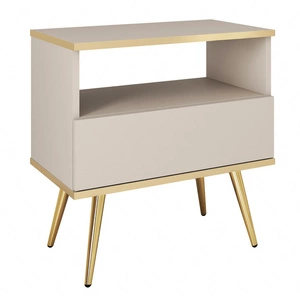 Luxuriöser beigefarbener Nachttisch mit Schublade eleganter Designschrank mit Goldverzierung Schrank auf hohen Metallbeinen gestützt